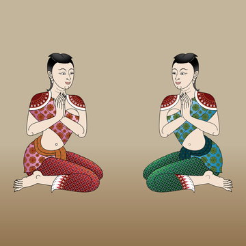 thai  ancient women style in wall painting, sawasdee