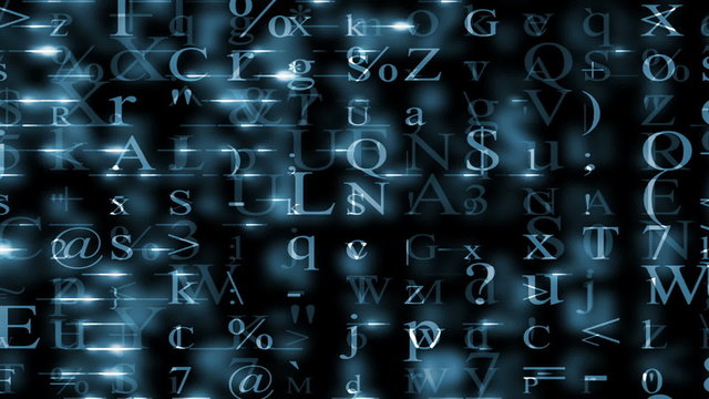 Text and Grids 0212: Rows of white letters, numbers and symbols move up a black screen (Video Loop).