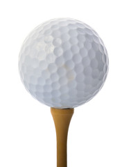 Golf ball on a tee isolated on white background