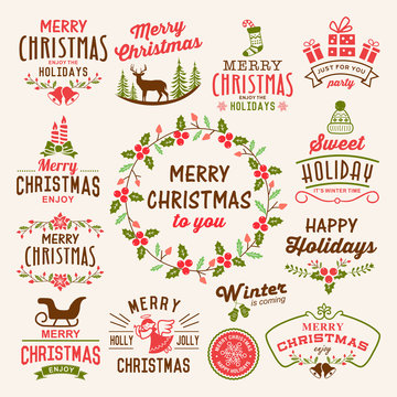 Christmas decoration icons, labels, illustration and elements set.
