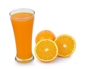 glass of orange juice on white background