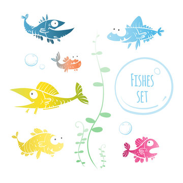 Cute cartoon fishes set  of the different sizes. Vector image.