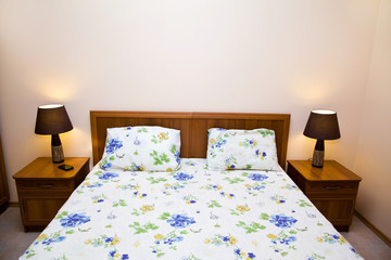 Double bed in hotel room