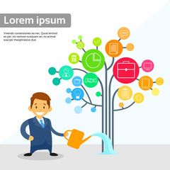 Businessman Watering Business Icon Tree Flat