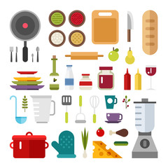 Set of Vector Icons and Illustrations in Flat Design Style. itchen Appliances and Food