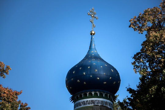 blue dome of the Pskovo-Pechersky monastery