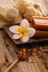 frangipani and dry flower petals ,towel ,oil on old wood

