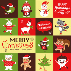 Vector set of funny cartoon Christmas character, symbols, greeting card, banner and poster.