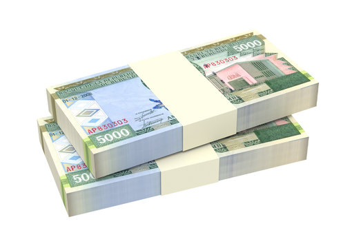 Burundian francs bills isolated on white background. Computer generated 3D photo rendering.