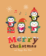 Cute penguin christmas card and poster design. Vector illustration.