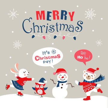 Funny cartoon christmas card, banner and poster design. Vector illustration. 