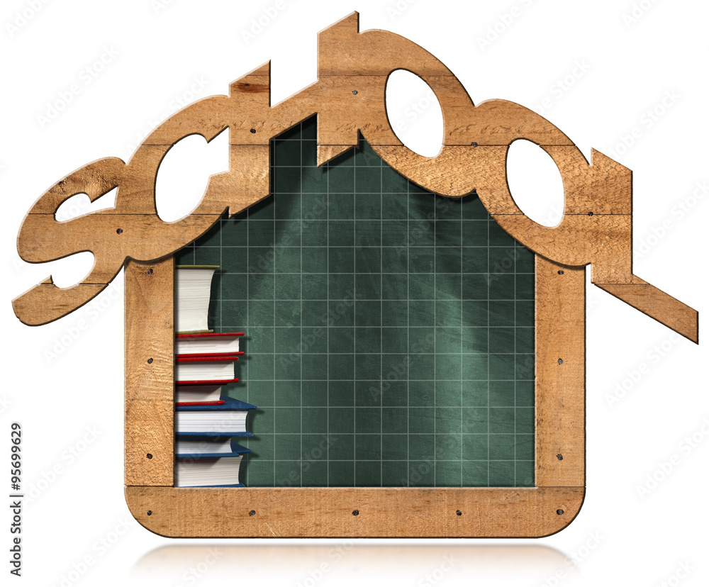 Poster blackboard - school building shaped / empty and green blackboard with wooden frame in the shape of s