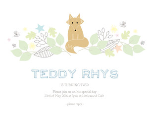 Children's birthday invitation card with a fox and nature elements. Vector design.