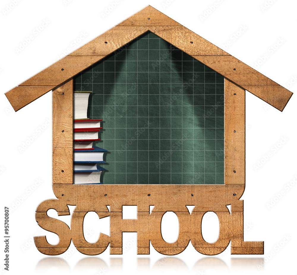 Poster blackboard - school building shaped / empty and green blackboard with wooden frame in the shape of s