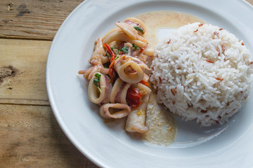 Thai fried squid in basil sauce and rice