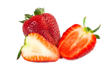 big red juicy rich strawberries with pedicle on white backgrond
