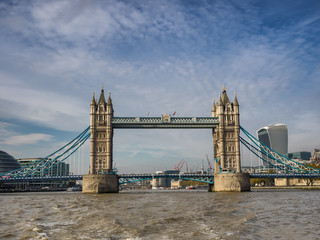 Fototapeta na wymiar Tower bridge panorama in London seen from river Thames