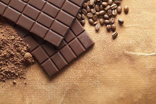 Chocolate, cocoa and coffee beans