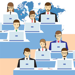 Men and women working in a call center. Support service.