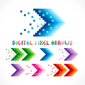 Digital pixel arrows. The set of colorful arrow icons with pixel typescript.