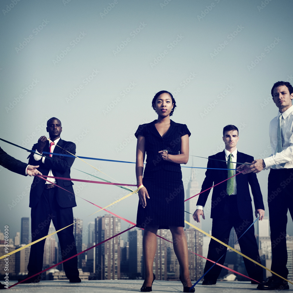 Poster business people connected by strings concept
