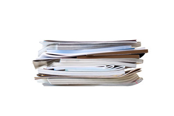 Stack of magazines on white background