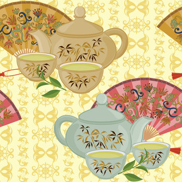 Seamless pattern with teapot, a small cup of green tea and fans.