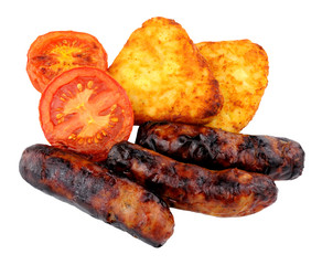 Sausages And Grilled Tomatoes With Hash Browns