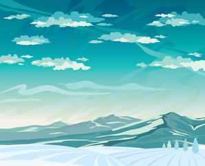 Winter landscape with mountains and snowdrift.