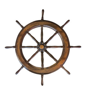 Vintage wooden ship steering wheel rudder isolated on a white ba