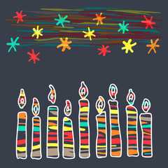Fototapeta na wymiar Sketch nine candles and snowflakes, northern lights and stars. Dark background for winter holiday