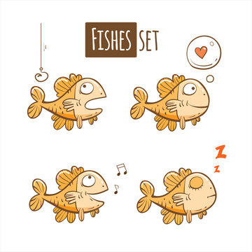 Cartoon cute fishes set. Vector image.