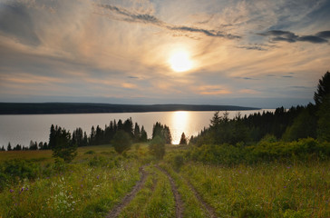 sunset, sunrise, river, silhouette, forest, water