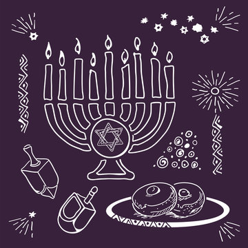 Chanukah hanukkah traditional jewish holiday doodle symbols set isolated vector illustration. Hand drawn sketch set