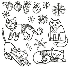 Adorable Christmas cats in warm sweaters. Hand drawn characters, decorations and snowflakes.
