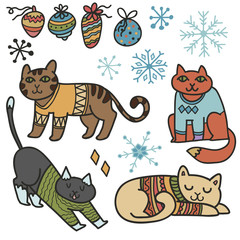 Adorable Christmas cats in warm sweaters. Hand drawn characters, decorations and snowflakes.