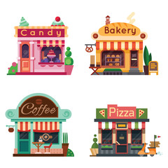 Set of nice shops. Different Showcases: bakery, candy store, pizza cafe, coffee. Flat vector illustration stock set.