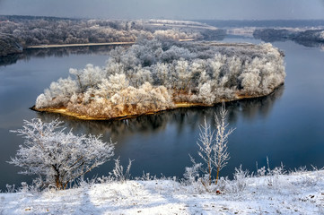 Frozen tree on winter landscape and blue sky