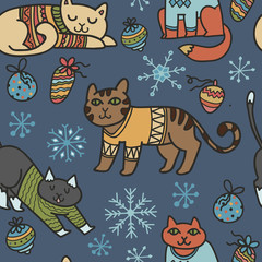Adorable Christmas cats in warm sweaters. Seamless vector patterns. Hand drawn characters, decorations and snowflakes.