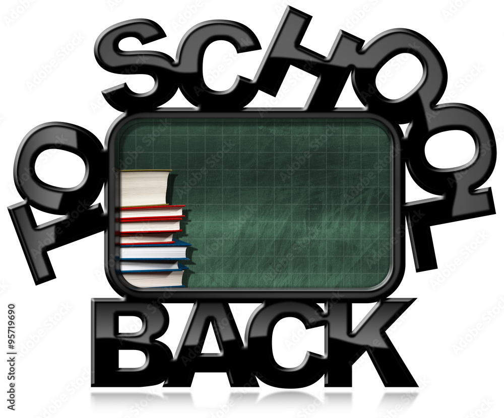 Poster back to school - green blackboard with books / empty green blackboard with black frame in the shape 
