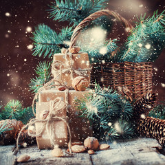 Christmas Boxes, Coniferous, Pine Cones, Nuts. Drawn Snow