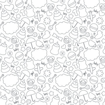 Cute hand drawn baby seamless pattern. Background in black and white colors. Monochrome texture. Vector illustration can be copied without any seams.