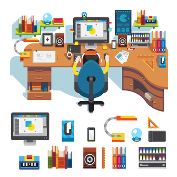 Workplace of design pro: table, computer, monitor screen, camera on it, lamp, clock, tablet, chair, designer on work, picture. Flat vector stock isolated set.

