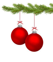 Zwei Rote Chistbaumkugeln mit Tannenzweig