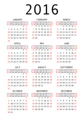 Vector calendar grid for 2016. Rigorous design.