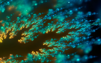 Abstract fractal, decorative sparkling yellow-cyan branch with soft blur on dark background