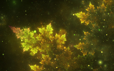 Abstract fractal, decorative sparkling yellow-green cosmic nebula with soft blur on dark background