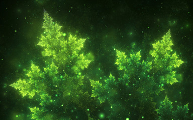 Fototapeta na wymiar Abstract fractal, sparkling green decorative branch with soft blur on starry cosmic background