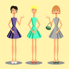 Fototapeta na wymiar People set. Women set in color dresses. Vector illustration.