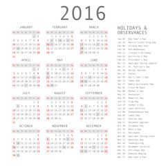 Vector calendar grid for 2016. Rigorous design.